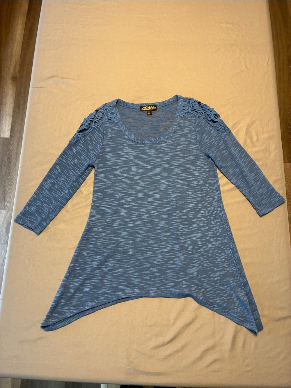 Absolutely Famous Blue Handkerchief-Hem Tunic with Lace Shoulder Detail